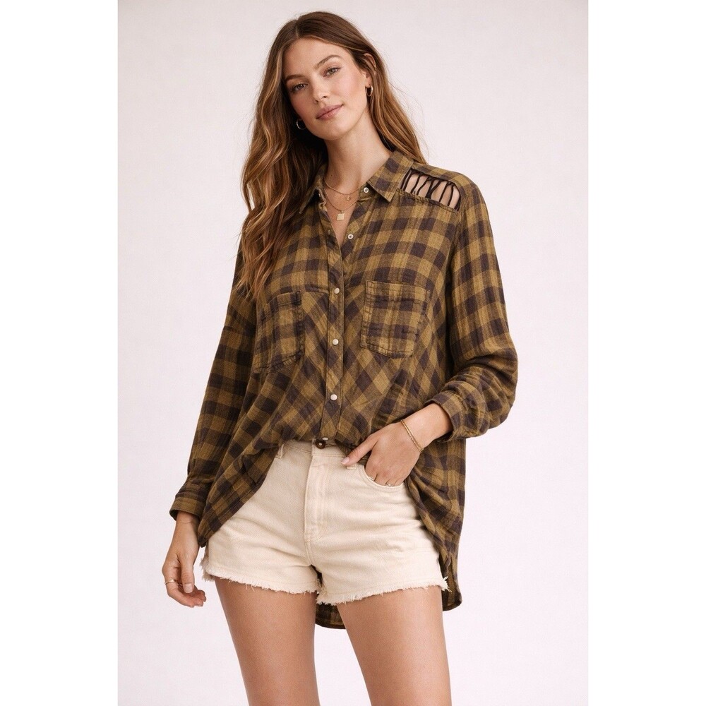 Free People Oversized Gauzy Plaid Cut Out Shoulder Shirt Boho Flannel Top Large